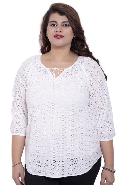 Cutwork Cotton 3/4 Sleeve White Top