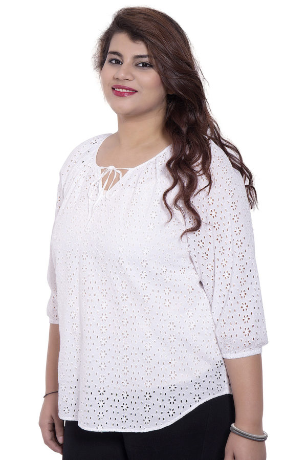 Cutwork Cotton 3/4 Sleeve White Top