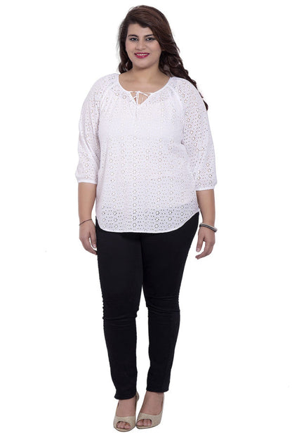 Cutwork Cotton 3/4 Sleeve White Top