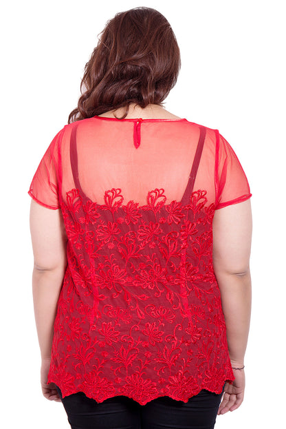 Net Embroidered Red Top