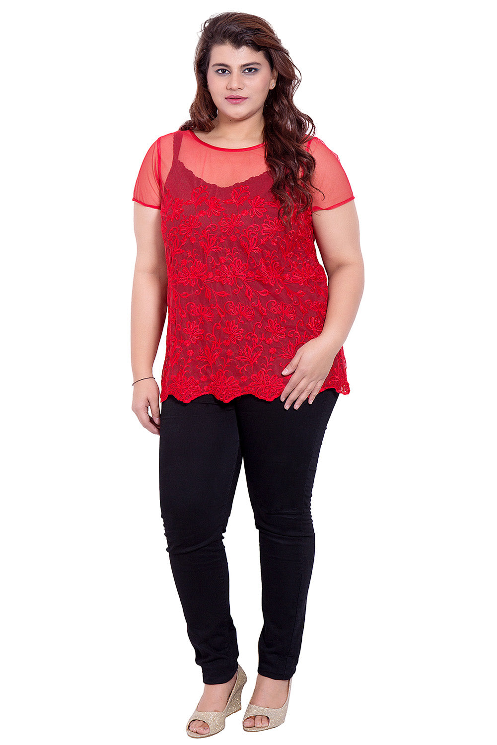 Net Embroidered Red Top