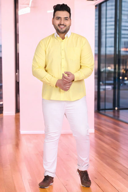 Plus Size Men Yellow Cotton Linen Shirt