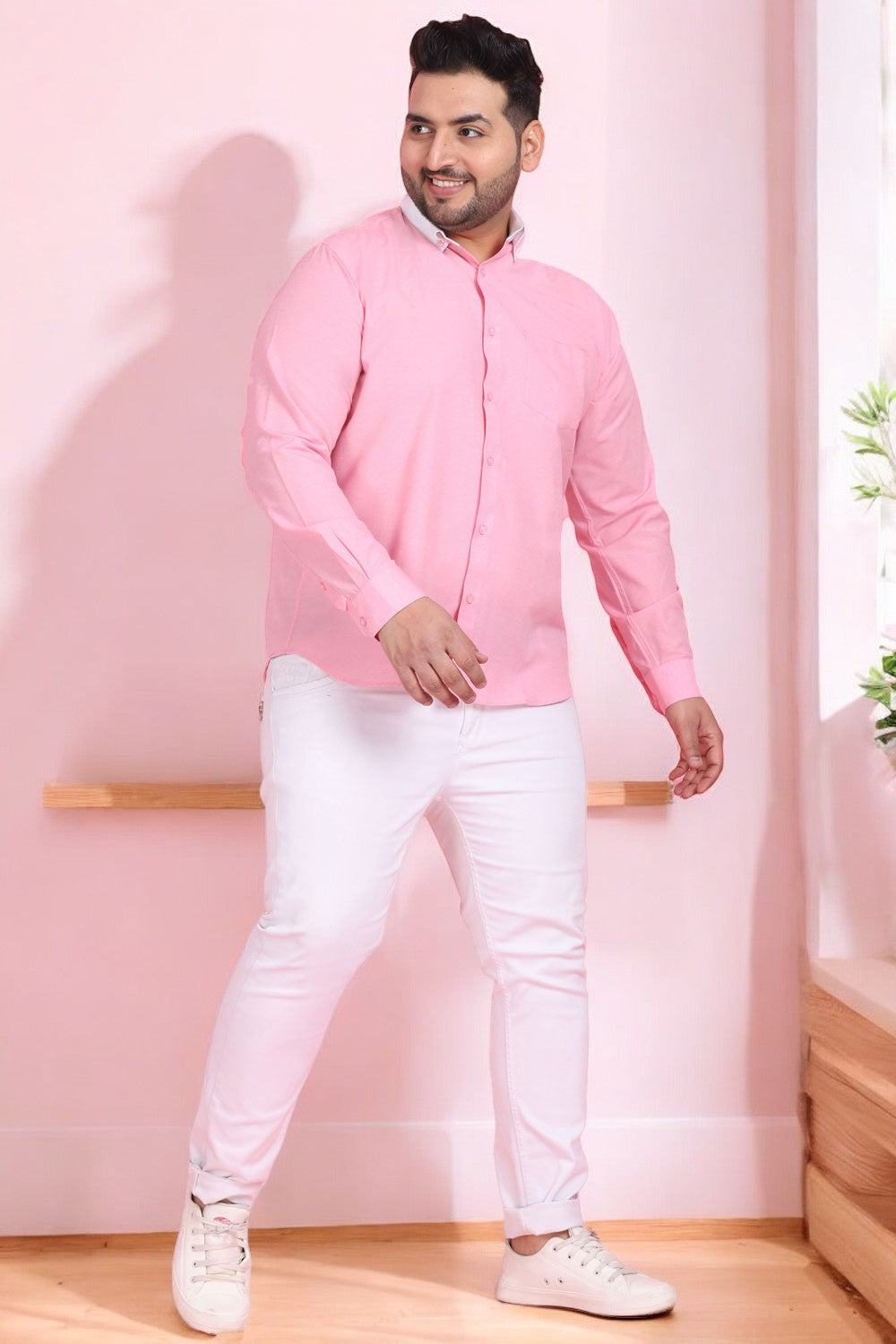 Plus Size Men Pink And White Linen Shirt