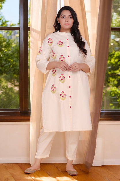 Cream Embroidered Straight Kurta Palazzo Set