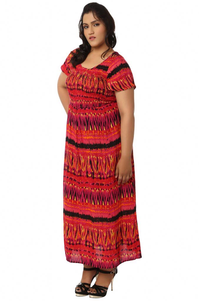 Red Multi Print Smoked Beach Gown