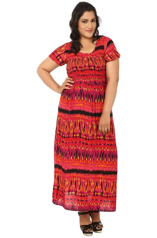 Red Multi Print Smoked Beach Gown