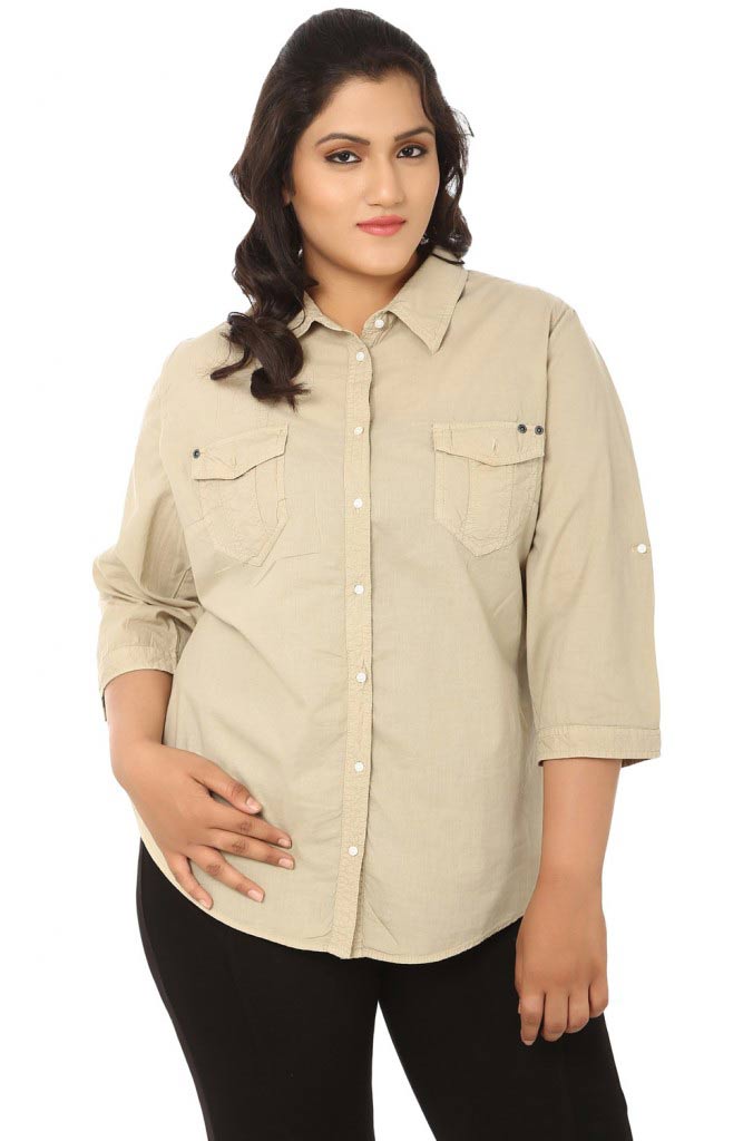 Plus Size Beige Solid 3/4 Sleeves Shirt