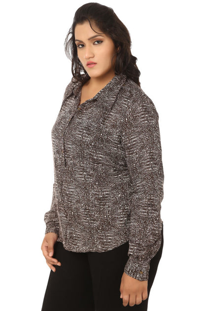 Brown Printed Full Sleeve Top With Collar