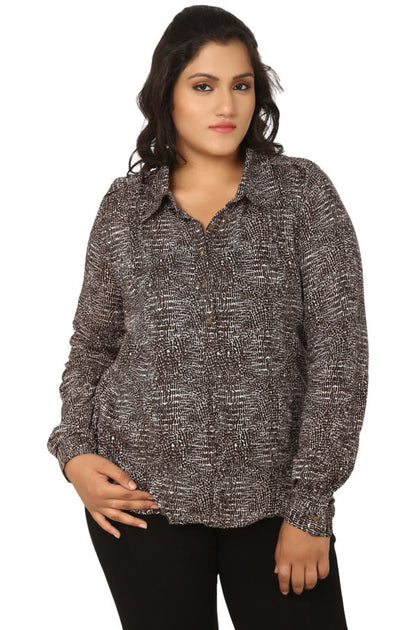 Brown Printed Full Sleeve Top With Collar