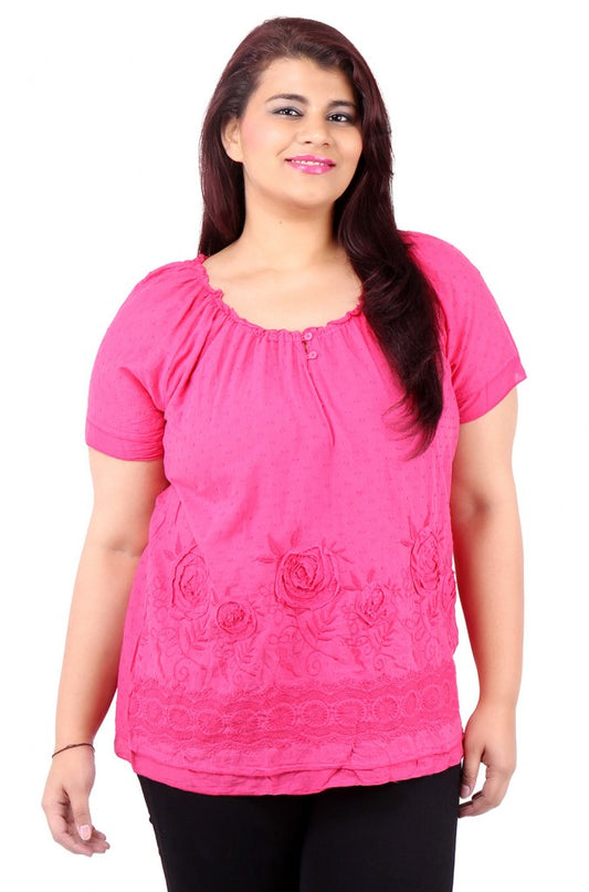 Pink Half Sleeve Embroidered Hem Top