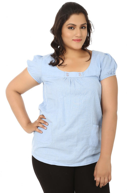 Light Blue Linen Round Neck Top