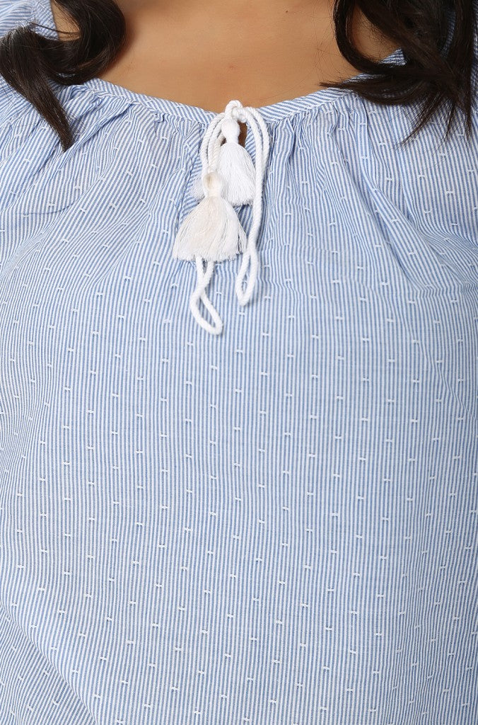 Light Blue Striped Top With Tassel Tie-Up