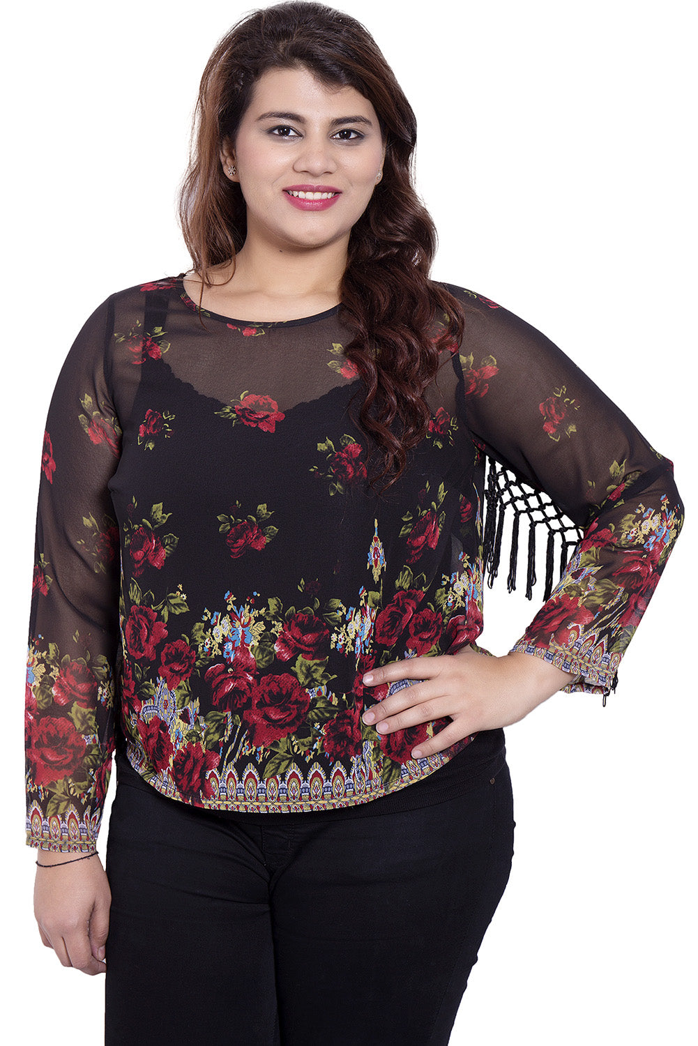 Black Sheer Printed Tasseled Sleeve Top