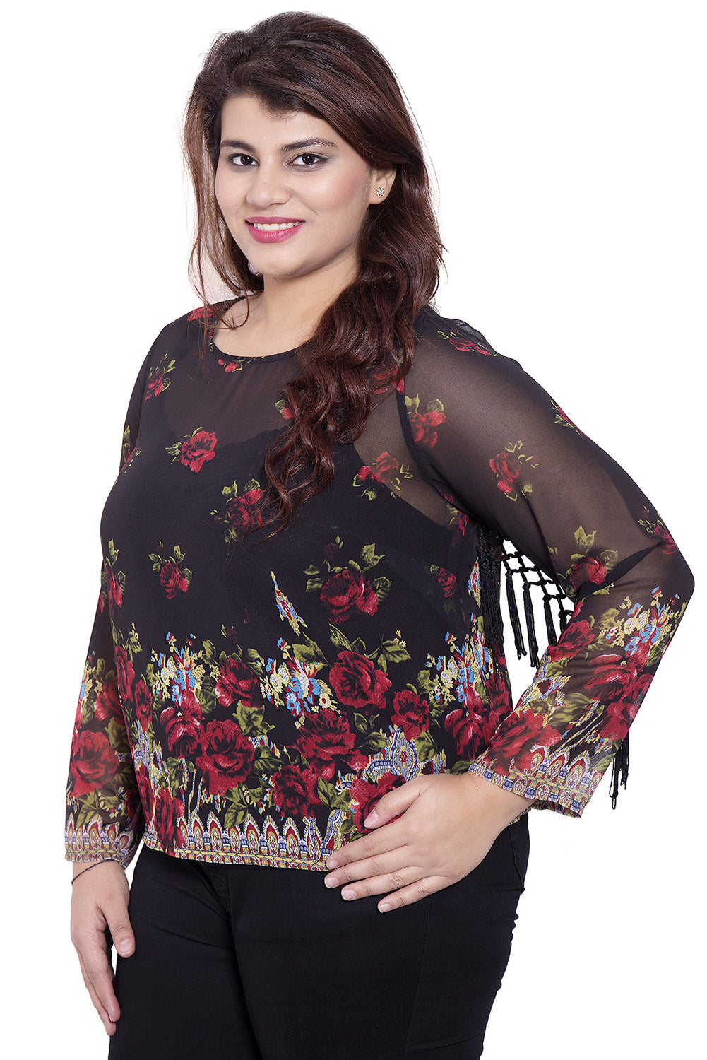 Black Sheer Printed Tasseled Sleeve Top