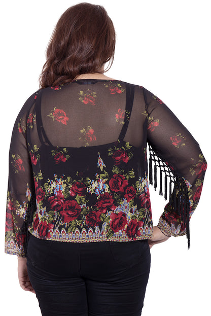 Black Sheer Printed Tasseled Sleeve Top