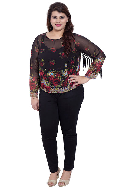 Black Sheer Printed Tasseled Sleeve Top