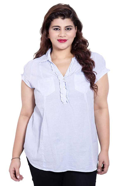 Plus Size Cap Sleeve Blue White Checkered Top