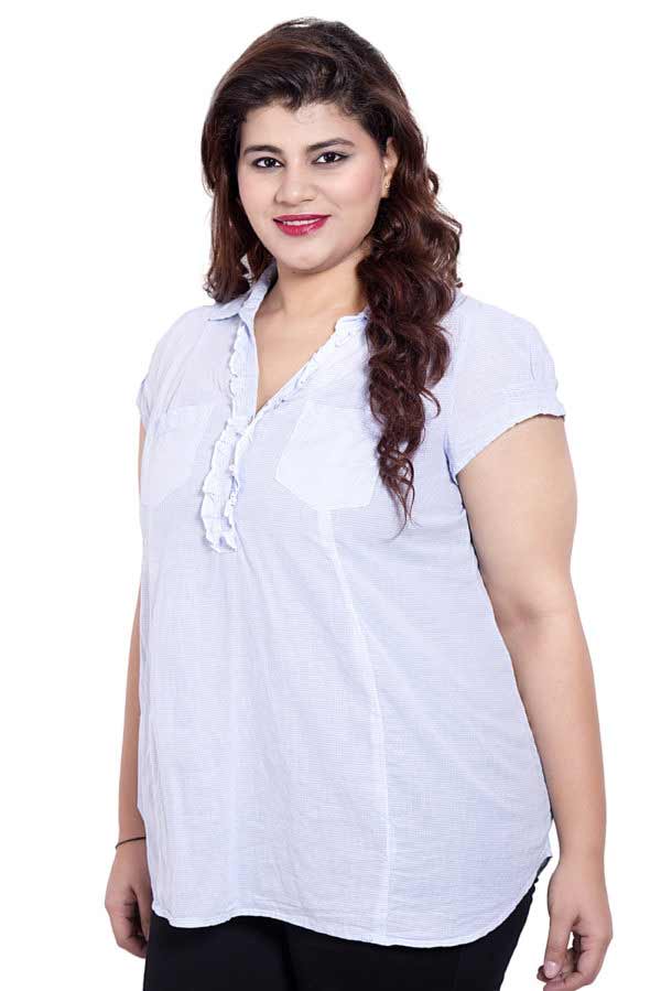 Plus Size Cap Sleeve Blue White Checkered Top