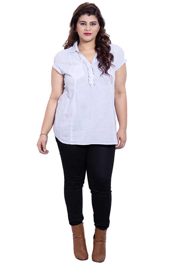 Plus Size Cap Sleeve Blue White Checkered Top