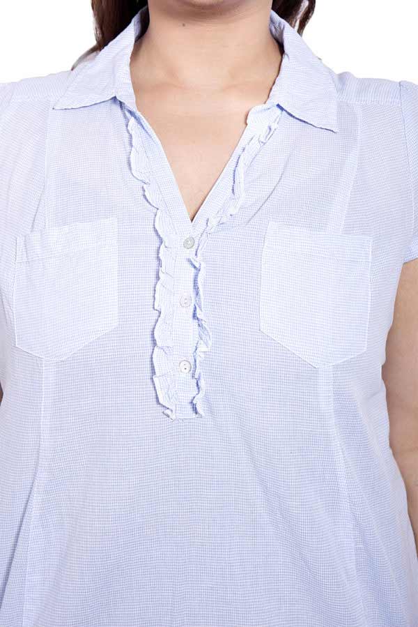 Plus Size Cap Sleeve Blue White Checkered Top