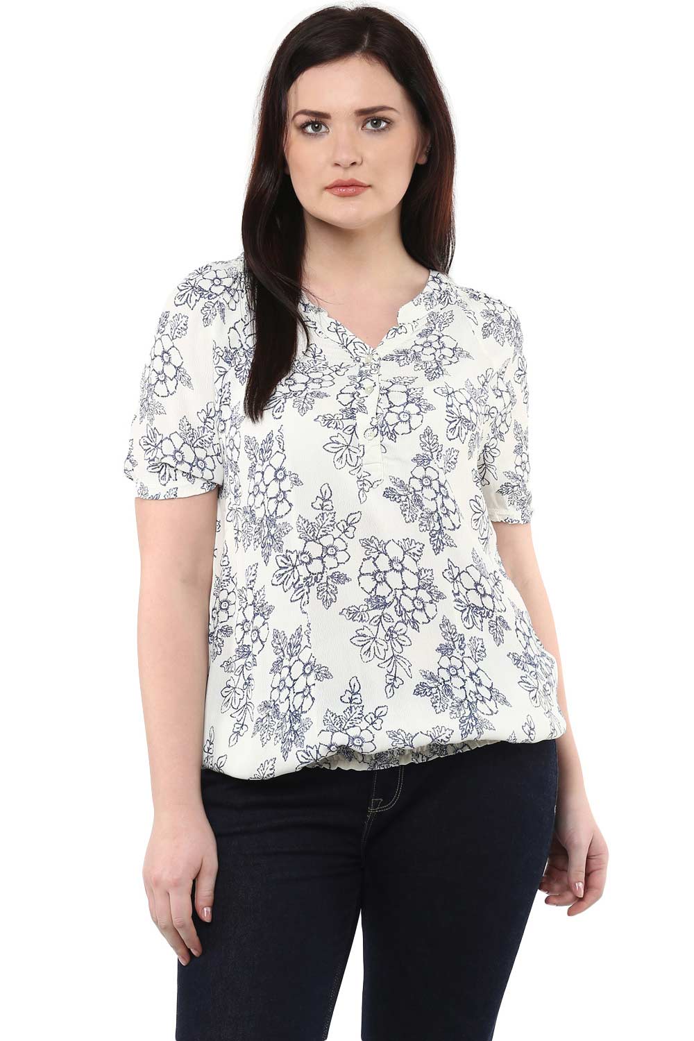 Blue Floral Printed White Georgette Top