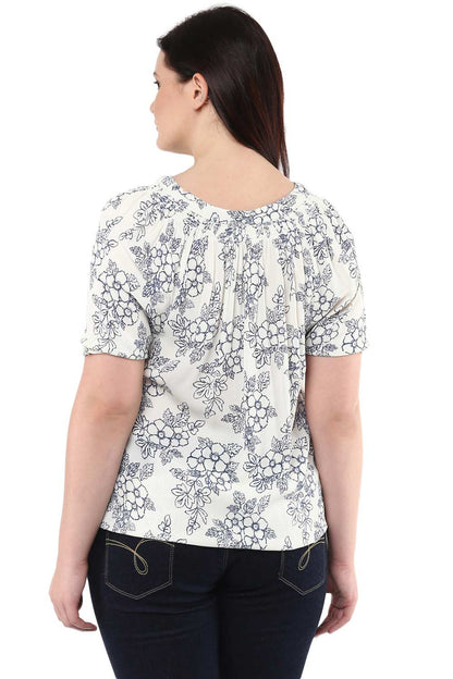 Blue Floral Printed White Georgette Top