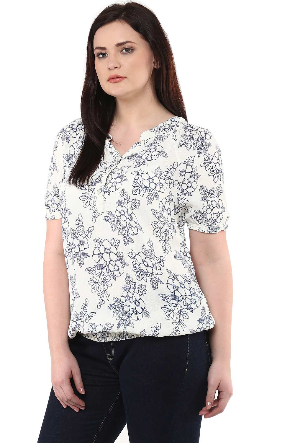 Blue Floral Printed White Georgette Top