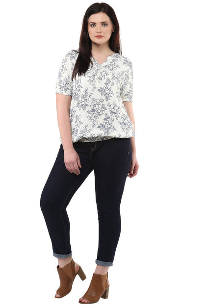 Blue Floral Printed White Georgette Top