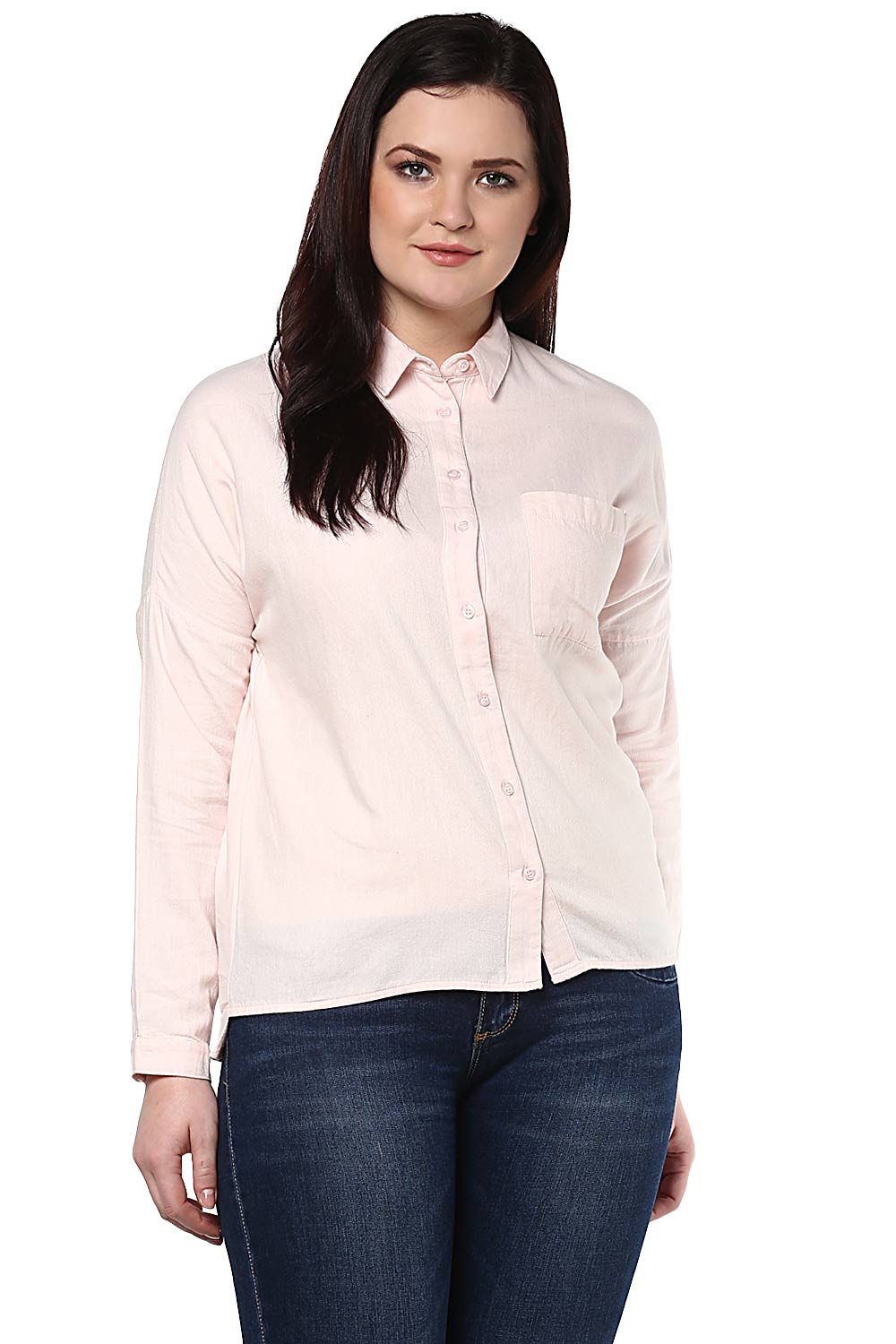 Plus Size Pastel Pink Loose-Fit High-Low Shirt