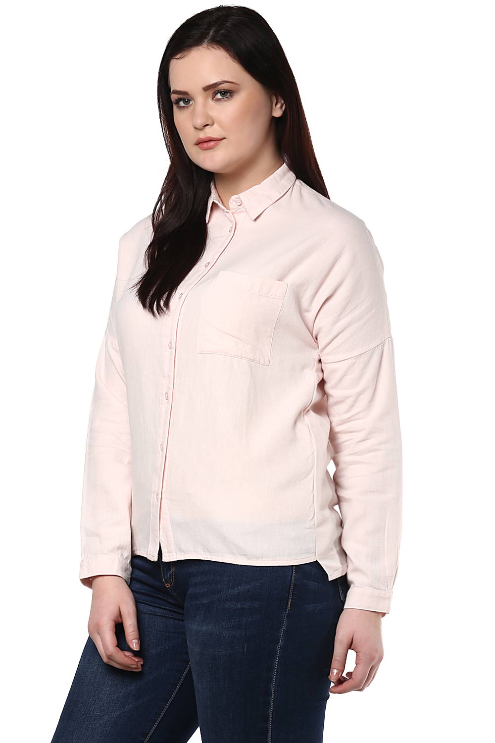 Plus Size Pastel Pink Loose-Fit High-Low Shirt