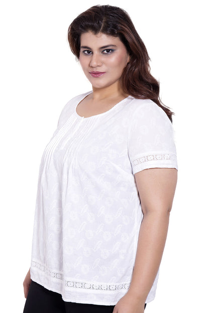 White Embroidered Half Sleeve Top