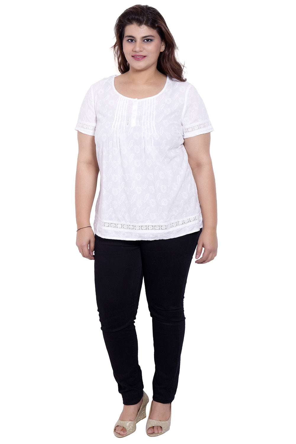 White Embroidered Half Sleeve Top