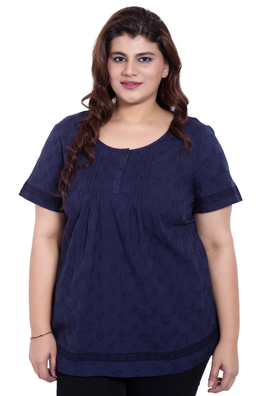 Navy Blue Embroidered Half Sleeve Top