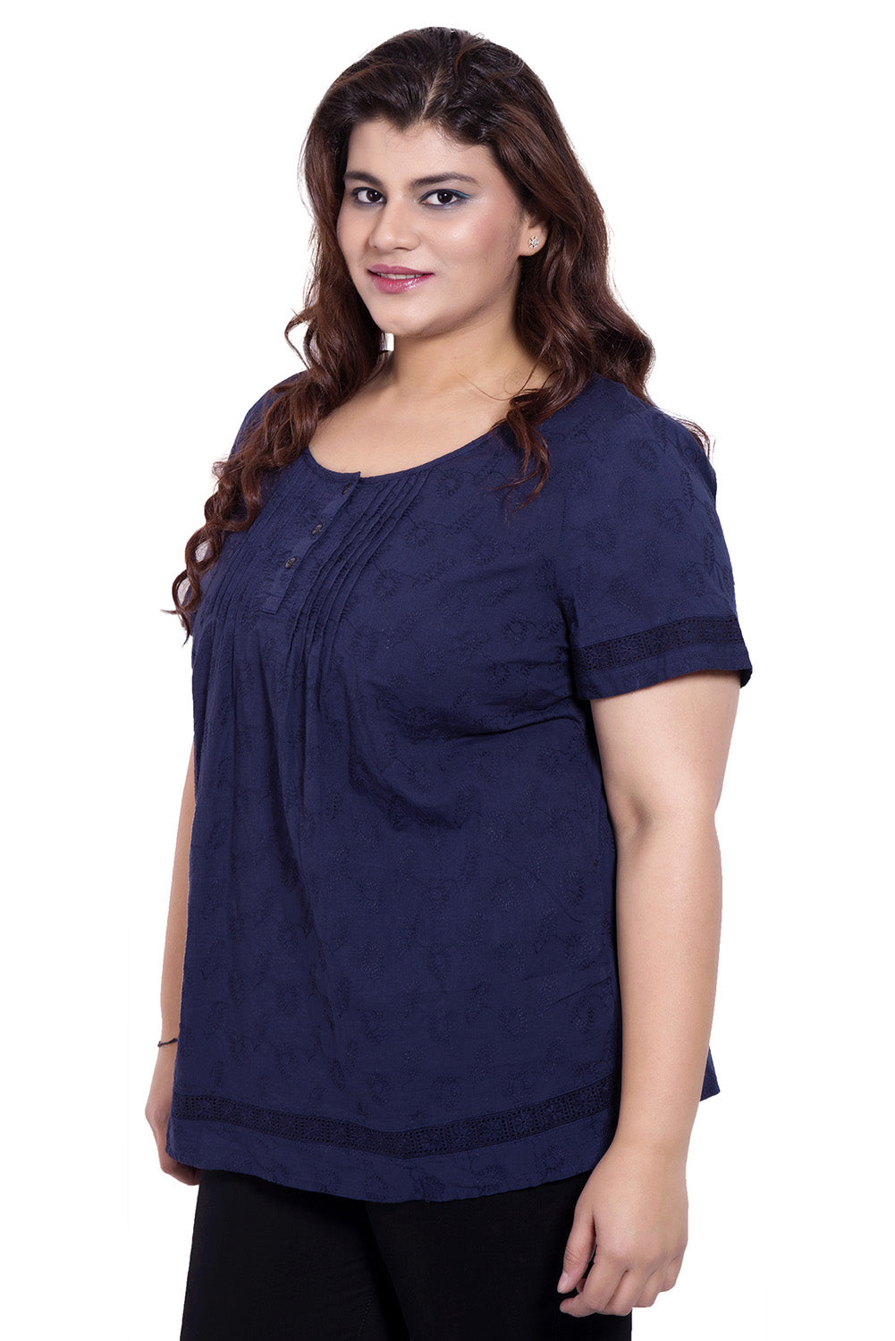 Navy Blue Embroidered Half Sleeve Top