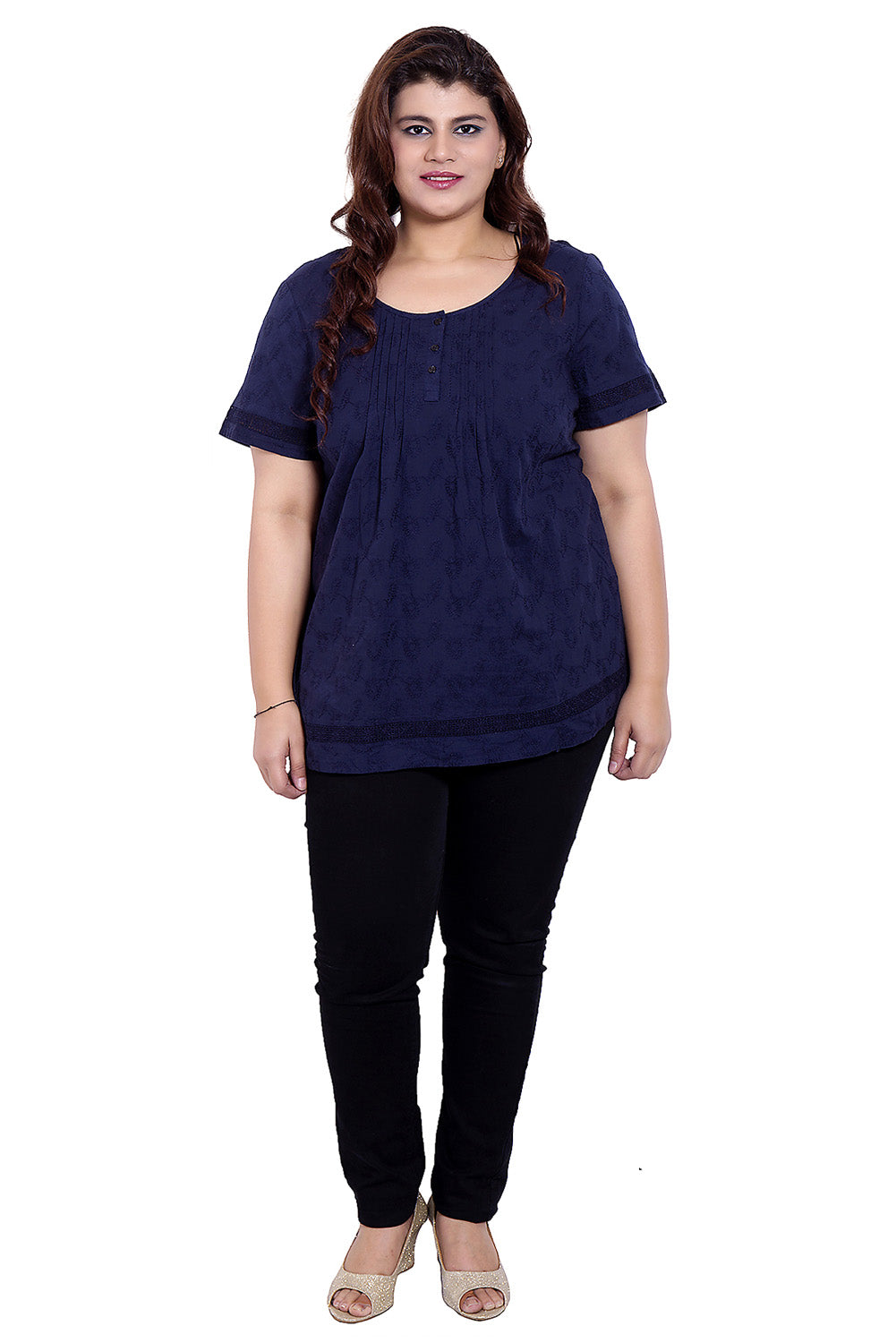 Navy Blue Embroidered Half Sleeve Top