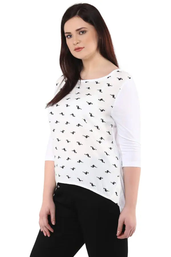 Plus Size Bird Printed High-Low Top