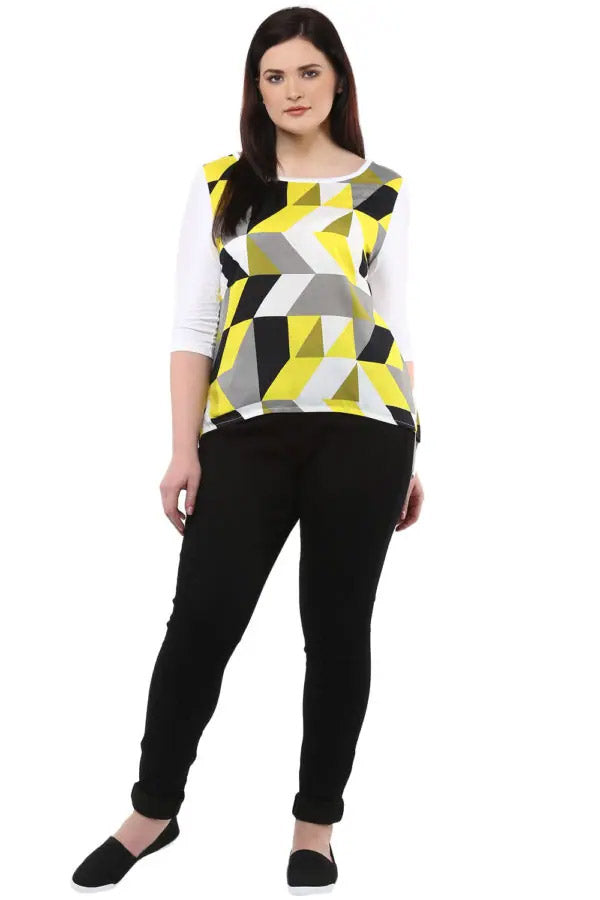 Plus Size Yellow Printed High-Low Top