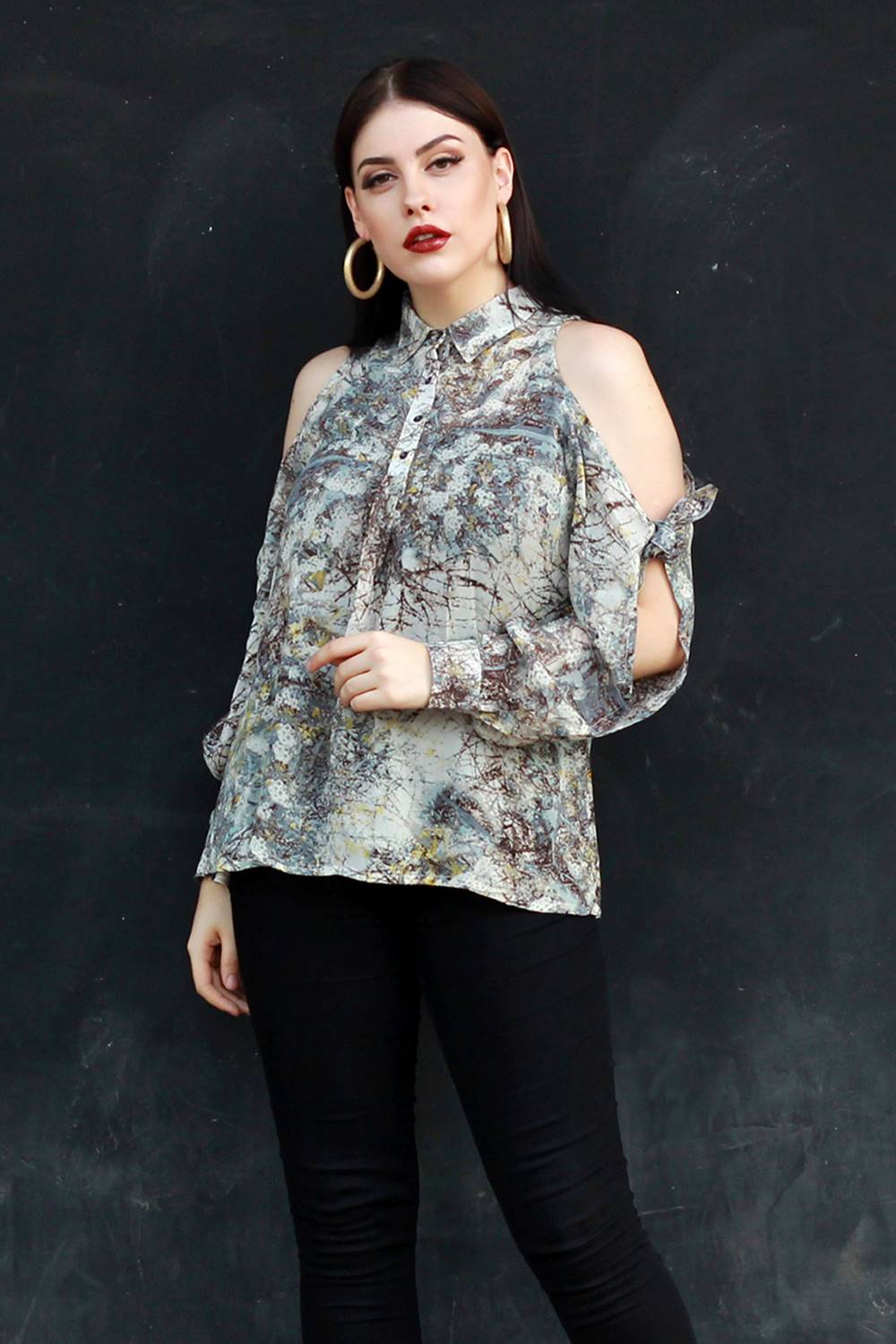 Marble Print Cold Shoulder Top