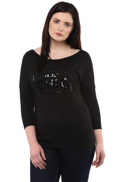 Black Drop Shoulder Sequined T-Shirt