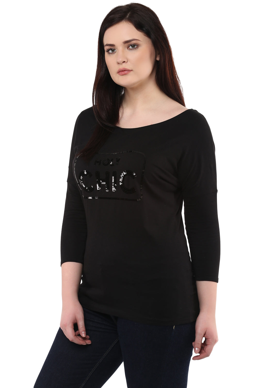 Black Drop Shoulder Sequined T-Shirt