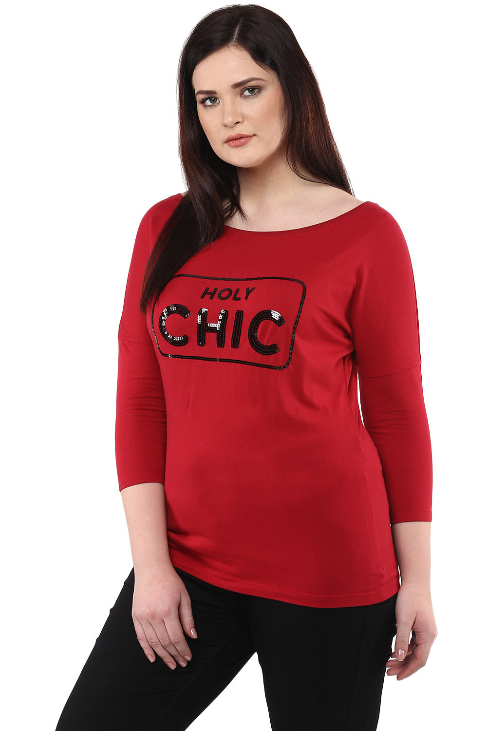 Red Drop Shoulder Sequined T-Shirt