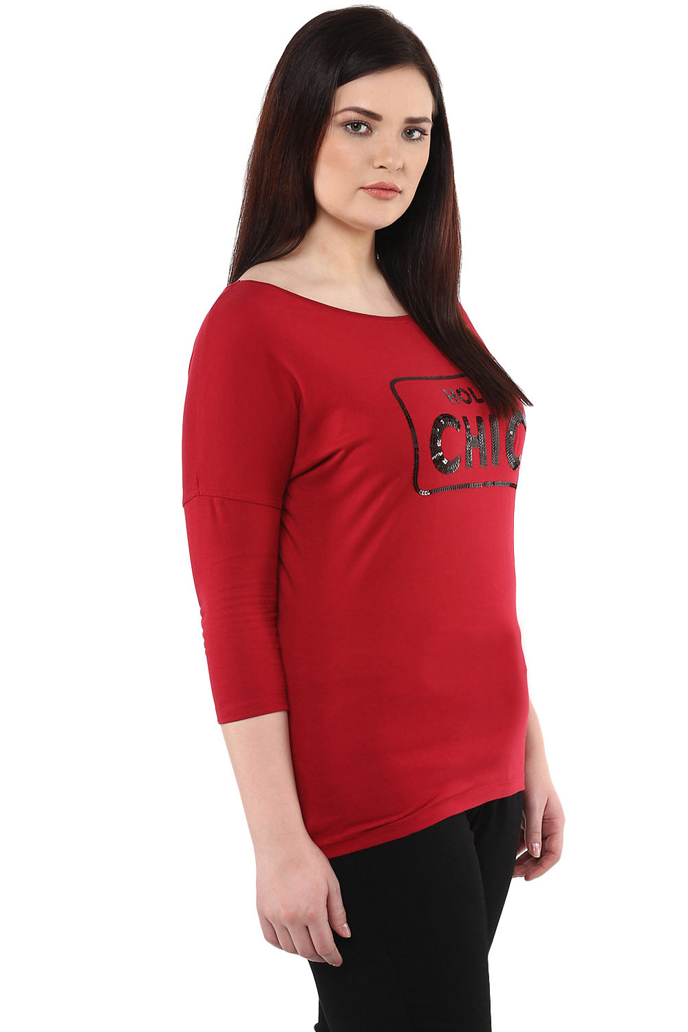 Red Drop Shoulder Sequined T-Shirt