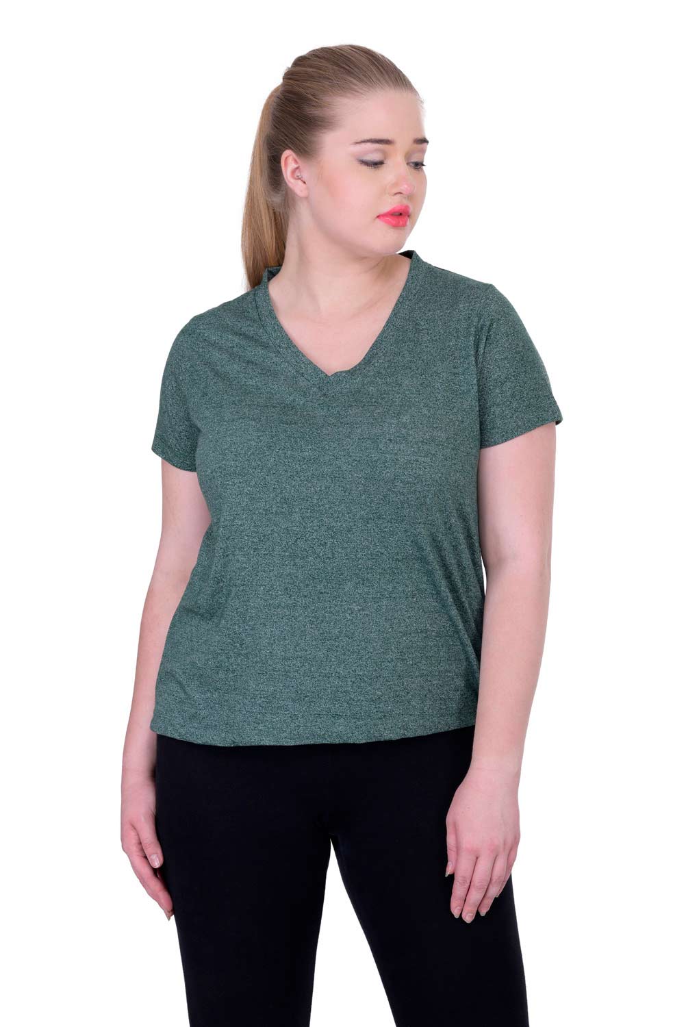 Plus Size Cotton Green V-Neck Tee