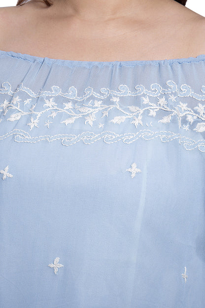 Sky Blue Embroidered Georgette Tunic Dress