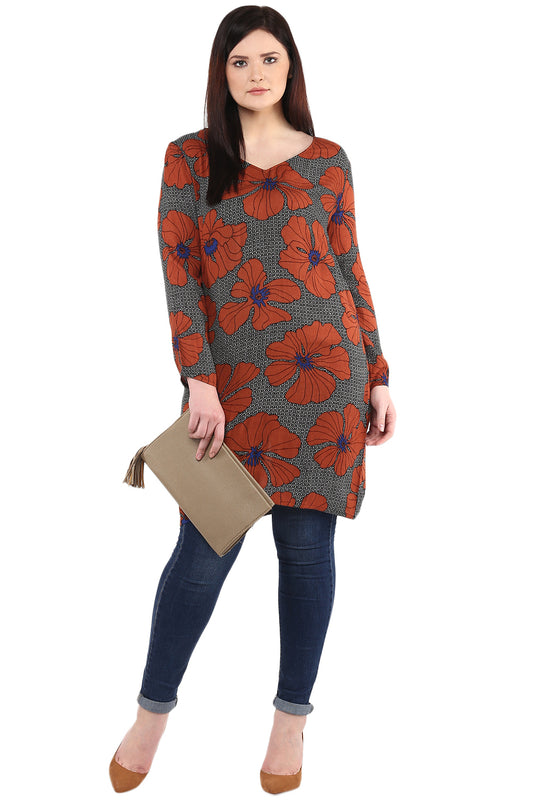 Brown Black Floral Print Tunic