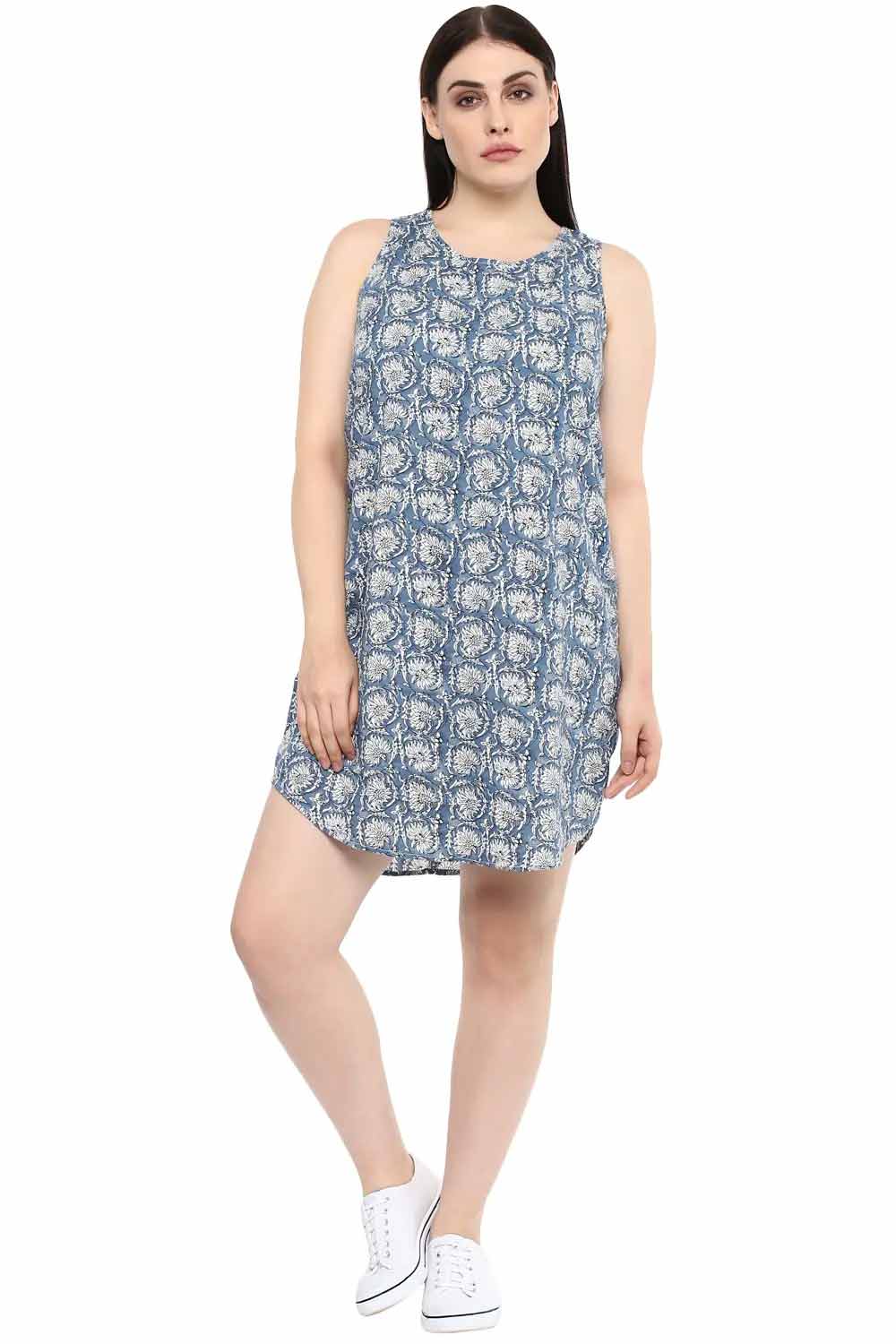 Plus Size Blue Cotton Floral Print Dress