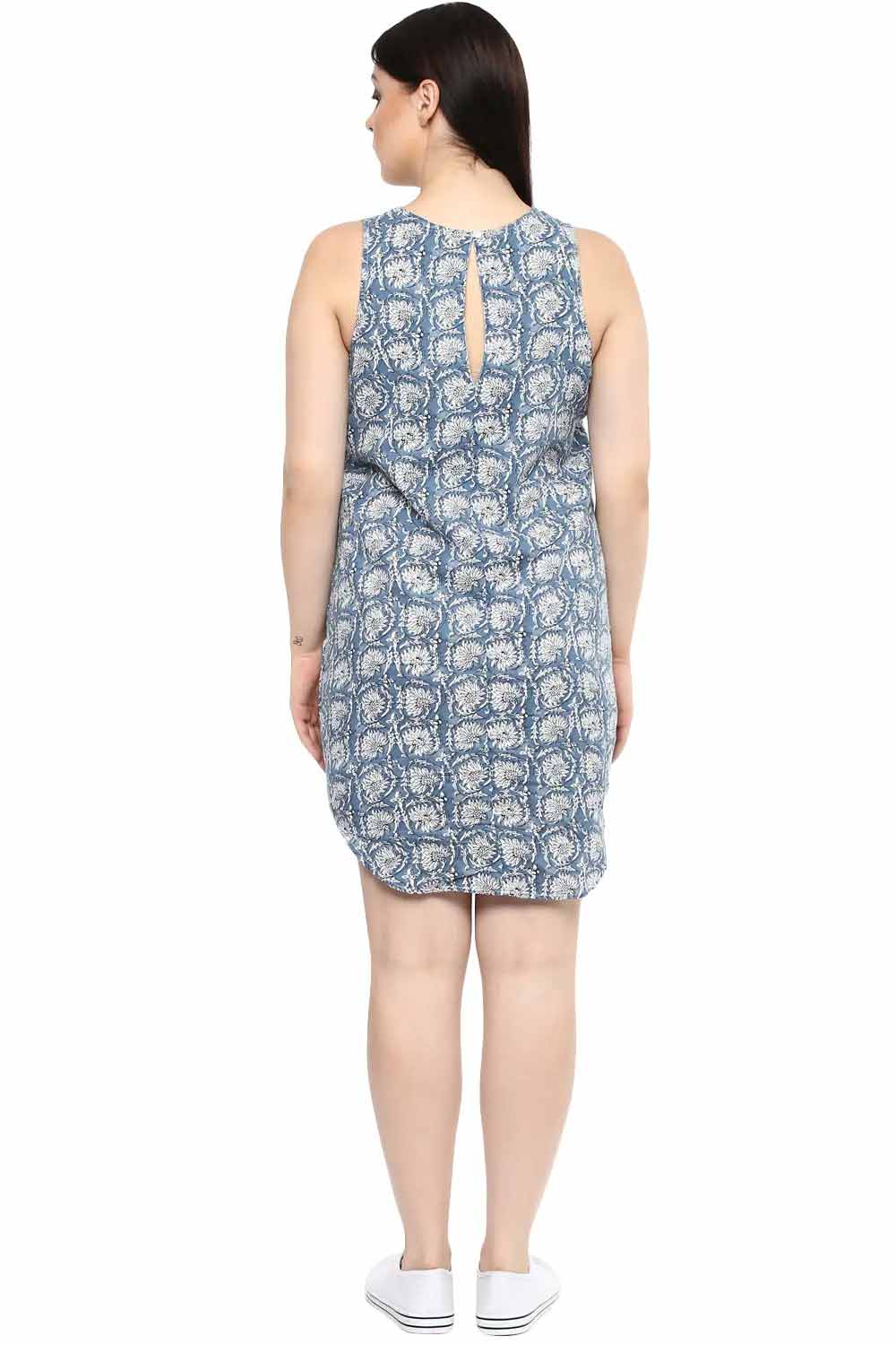 Plus Size Blue Cotton Floral Print Dress