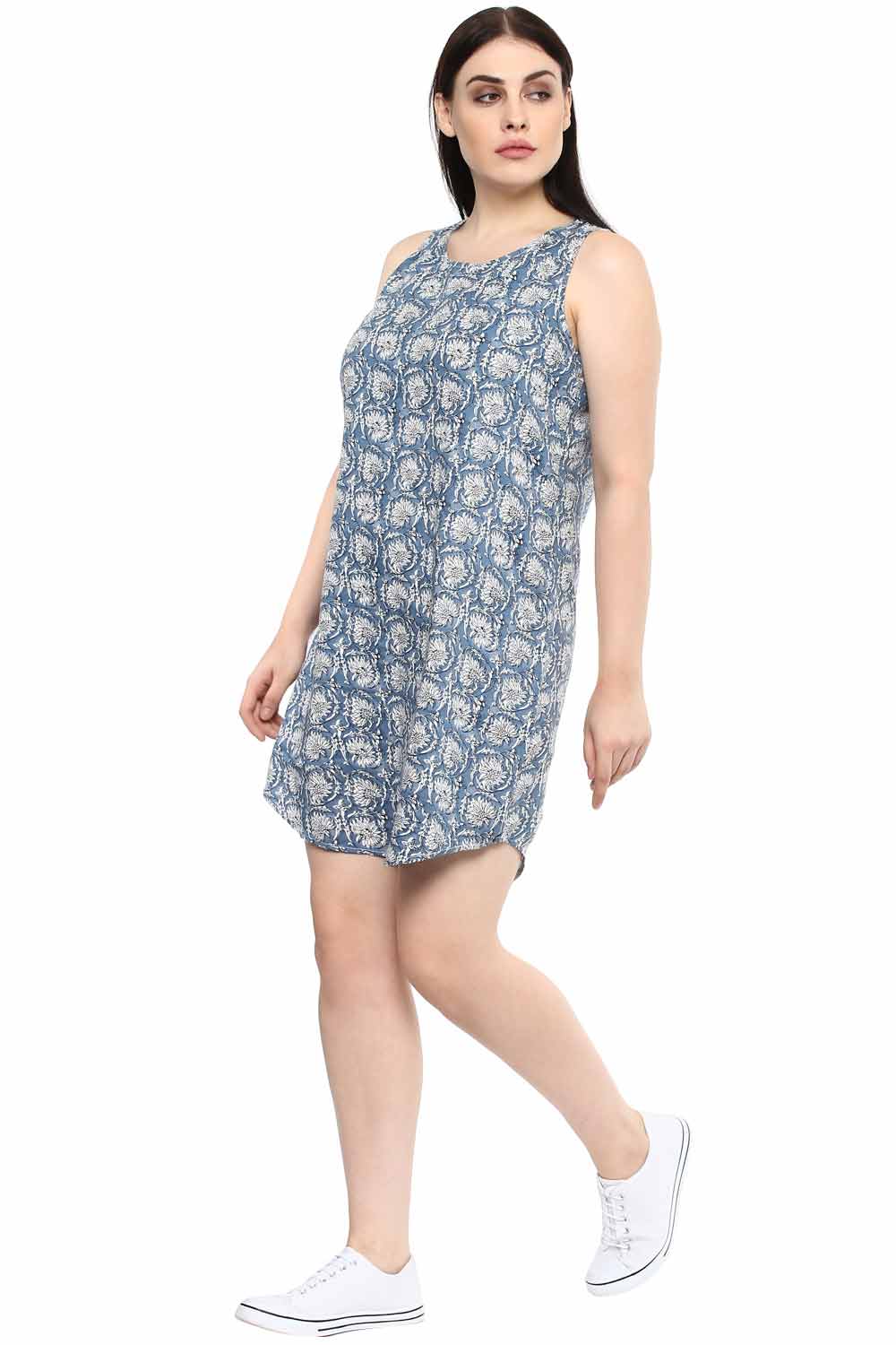 Plus Size Blue Cotton Floral Print Dress