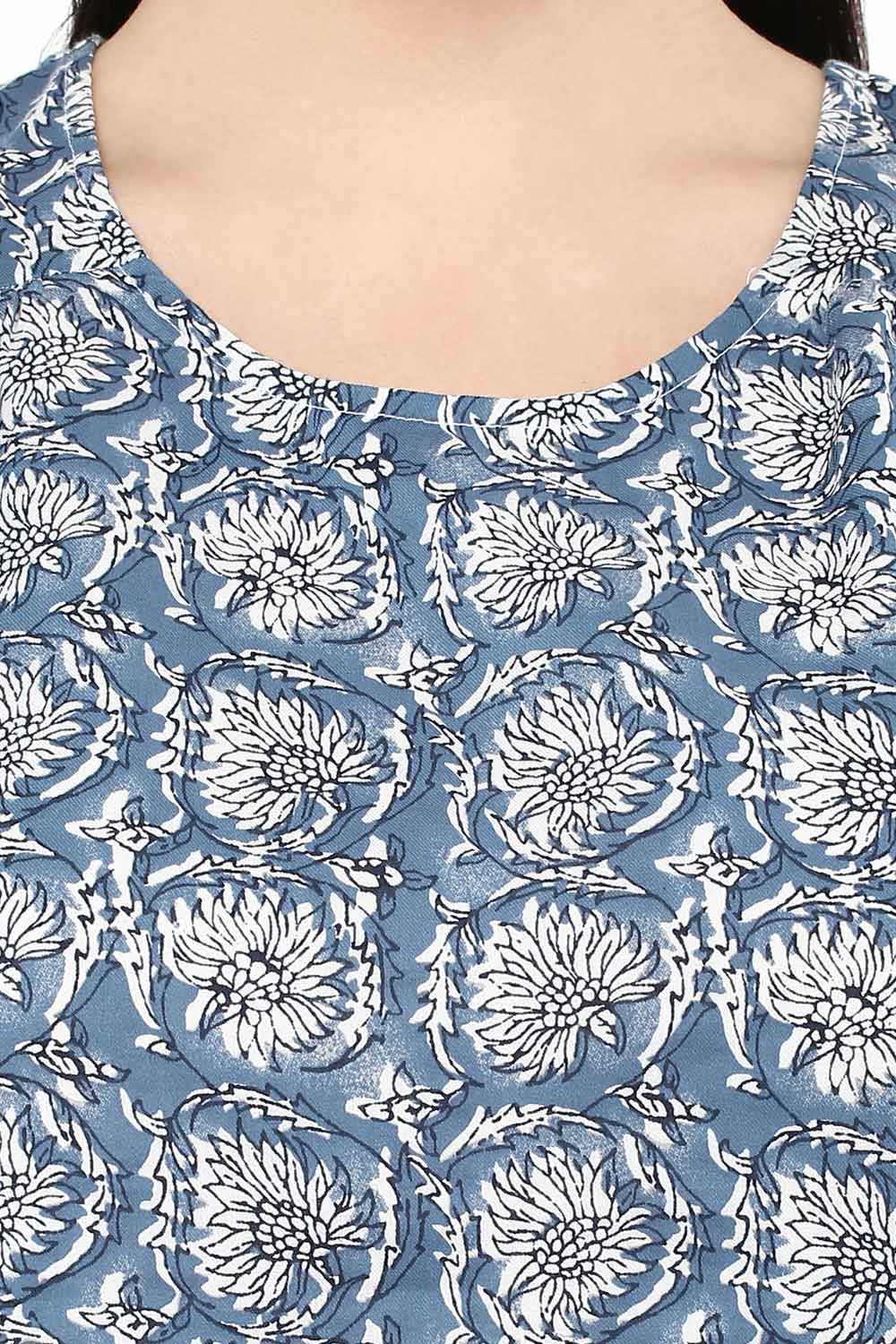 Plus Size Blue Cotton Floral Print Dress