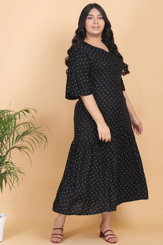 Flared Printed Black Maxi Dress